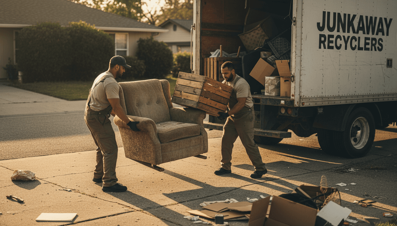 Professional junk removal crew loading furniture and items into service truck in Provo