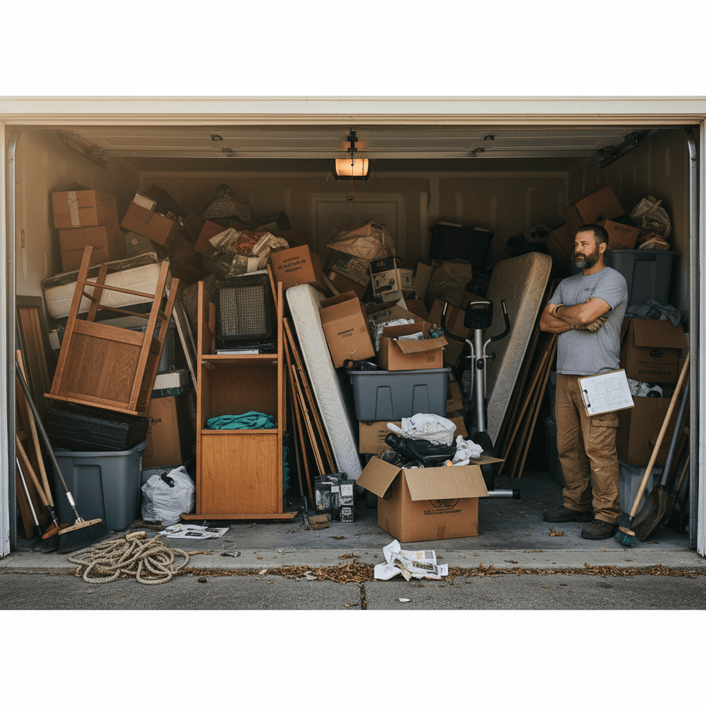 Cluttered garage full of furniture and boxes before junk removal