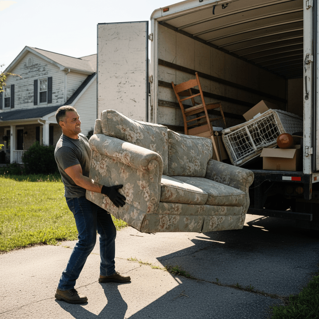 Worker loading furniture into junk removal truck