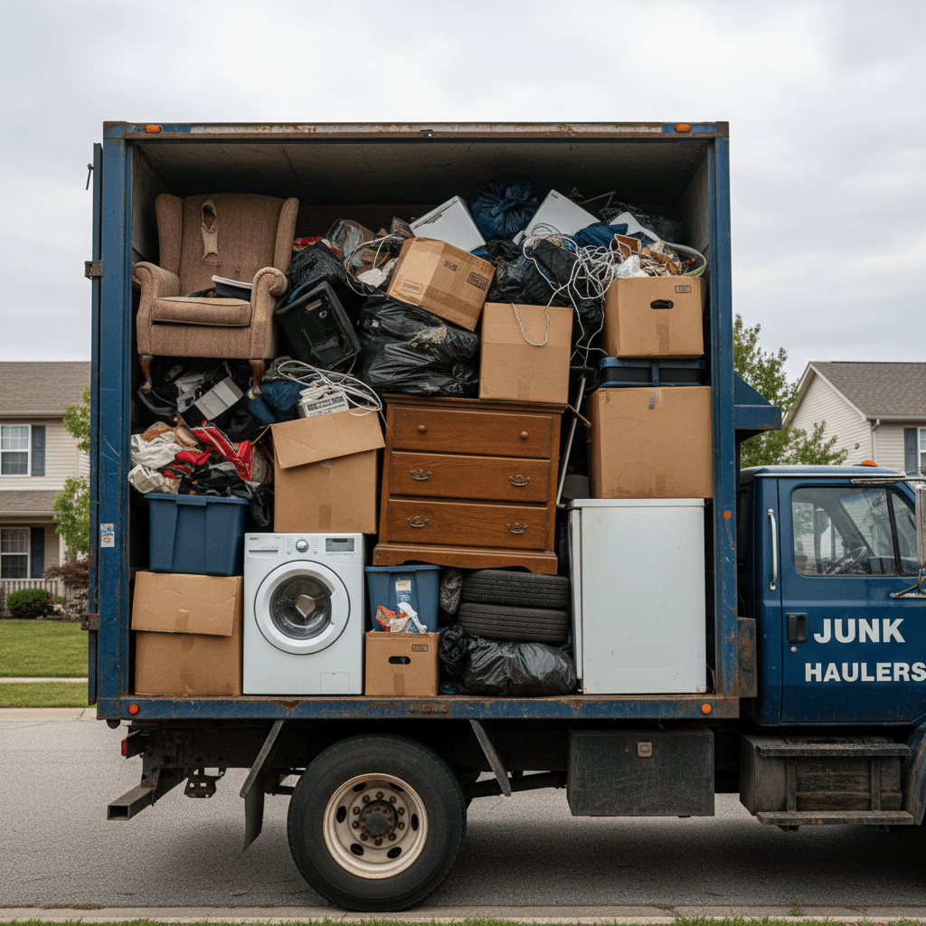 Fully loaded junk removal truck with mixed debris items