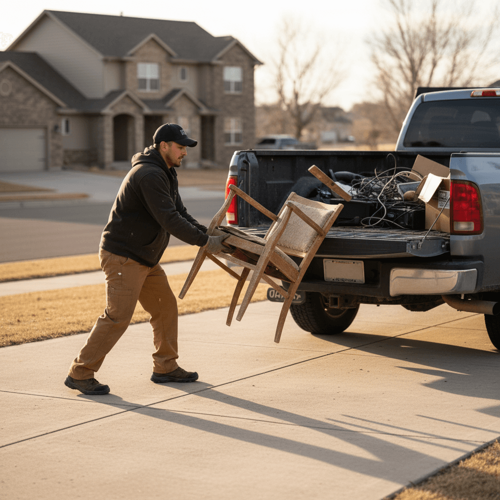 Furniture removal worker loading couch into truck