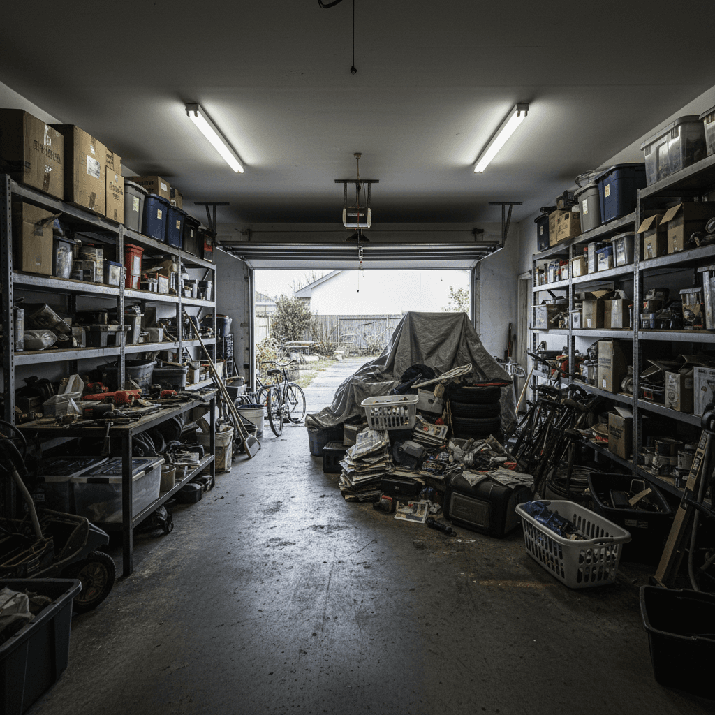 Cluttered garage being cleared out