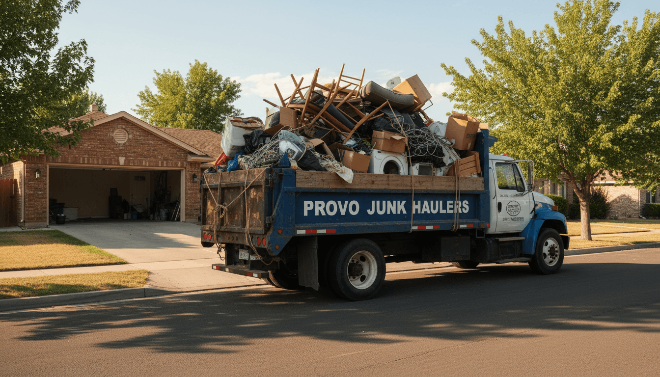 Provo Junk Removal truck loaded with furniture and appliances ready for pickup