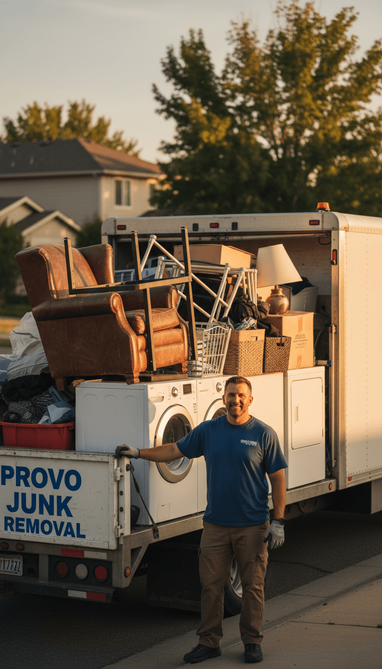 Provo Junk Removal truck loaded with furniture and household items during pickup