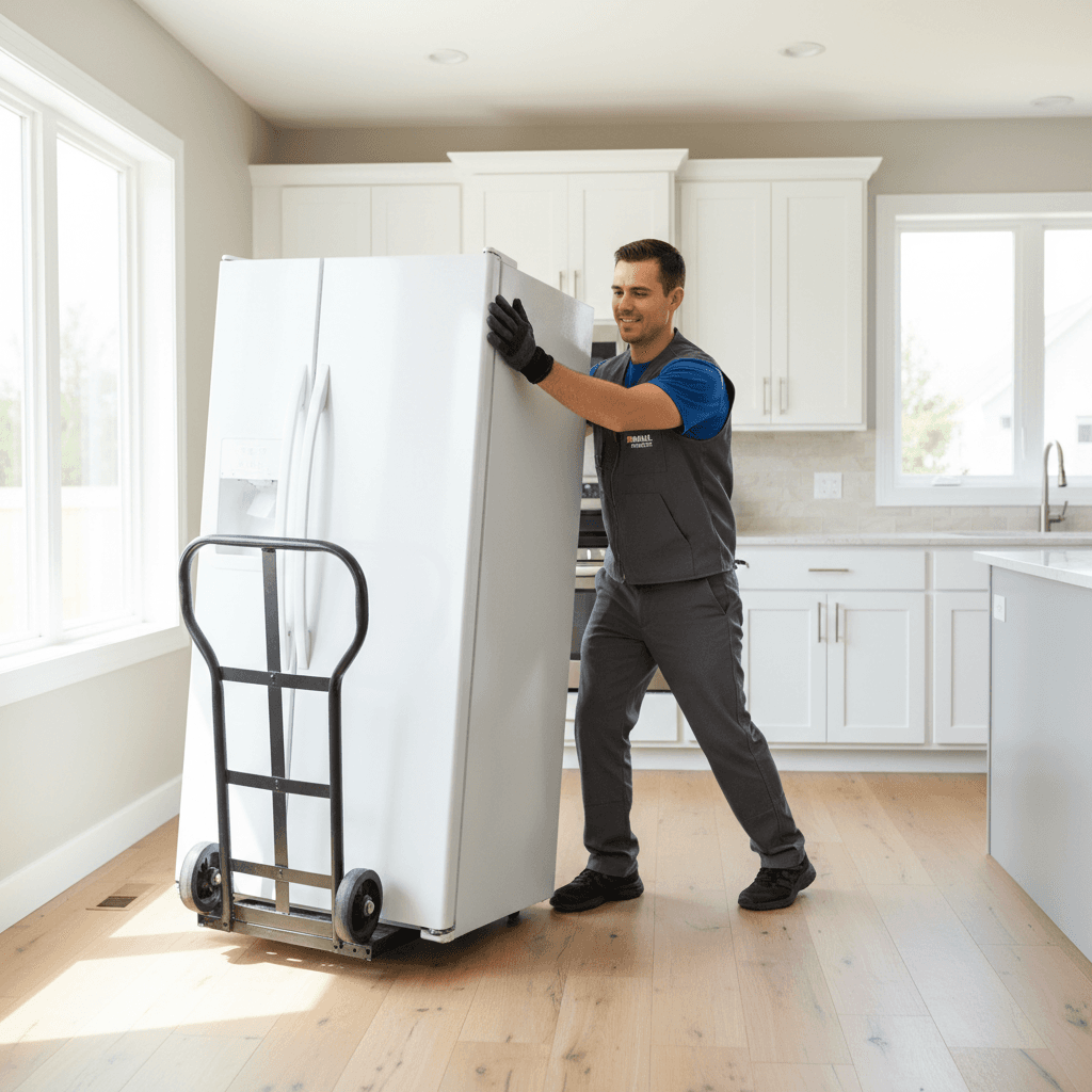 Professional removing refrigerator from home