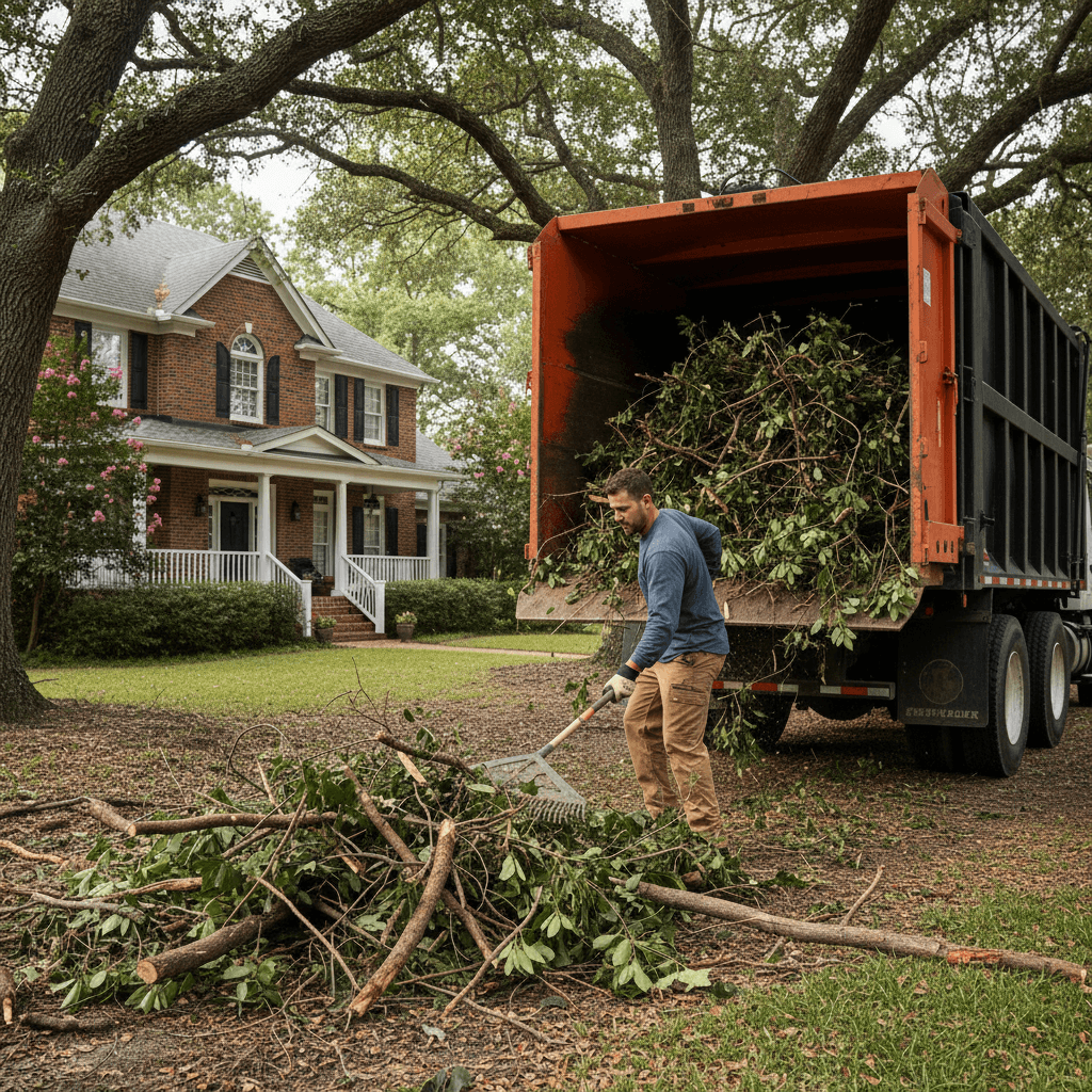 Yard debris removal crew clearing branches and waste